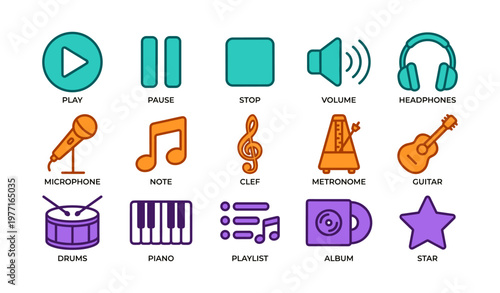 Colorful music icons collection featuring instruments and audio controls