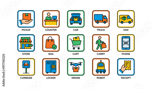 Colorful icons of delivery and shopping elements in flat design style