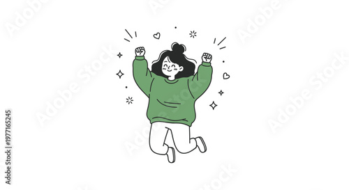 Happy woman jumping, joyful illustration, green sweater, celebration vector, emotive design element