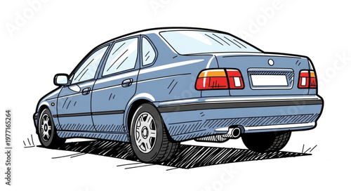 Blue Sedan Car Rear View Illustration Sketch.