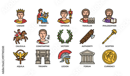 Ancient roman symbols and figures illustration: caesar, tyrant, optimus, and more