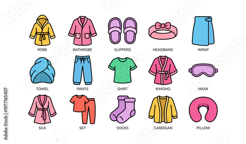 Clothing and accessories icons including robe, slippers, kimono, cardigan, and wrap