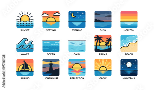 Sunset and ocean icons: calm waves, palms, sailing, lighthouse, nightfall, and beach scenes