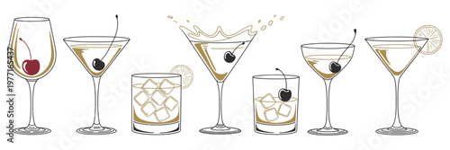 Hand drawn cocktail set with daiquiri, old fashioned, manhattan, martini and sidecar glasses, engraving style vector illustration of classic alcoholic drinks and bar menu design