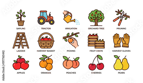 Colorful farming icons featuring fruits, tractor, tools, and harvest elements
