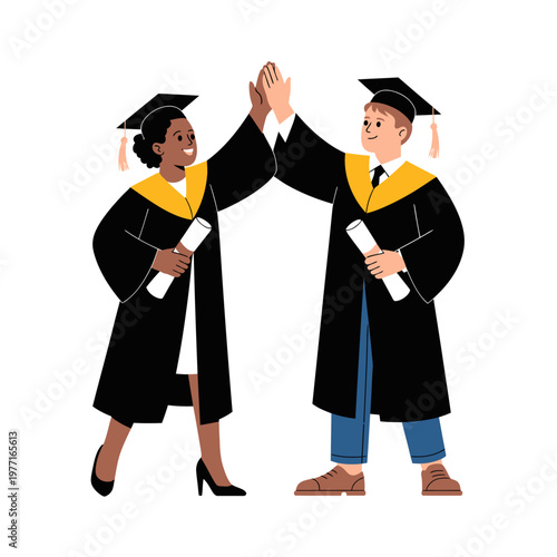 Two graduates in cap and gown share a joyful high-five. Each holds a diploma, symbolizing their achievement and hard work.