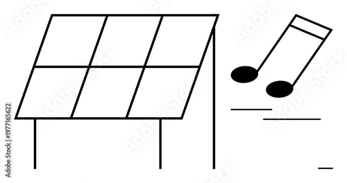 Renewable energy, sustainable music production, green technology, solar-powered devices, innovation, creative energy. ion combines a solar panel with musical notes. Renewable energy and sustainable