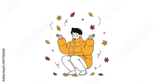 Autumn, joyful young woman, throwing leaves, yellow jacket, fall season, vector illustration