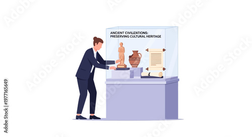 Museum curator arranging ancient historical artifacts in a display case. EPS Editable. Vector Illustrations.