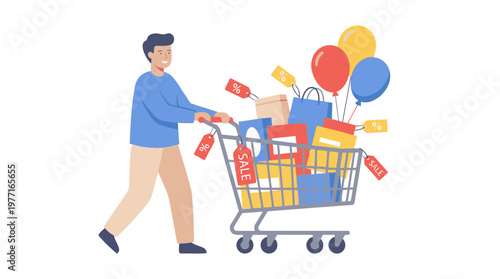Happy man pushing a shopping cart full of products and sale tags. EPS Editable. Vector Illustrations.