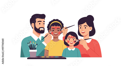 Happy multiracial family painting faces together at home. EPS Editable. Vector Illustrations.