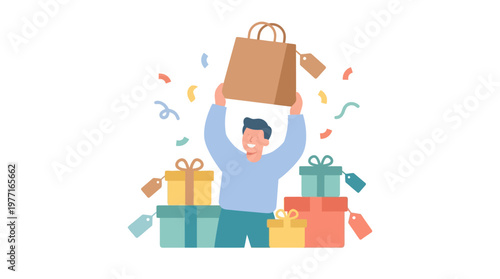 Happy shopper holding shopping bag with many gift boxes around. EPS Editable. Vector Illustrations.