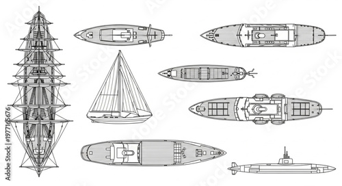 Collection of vintage ship blueprints and technical drawings.