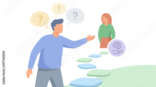 Illustration of a man confused and questioning while approaching a woman with mental health support. EPS Editable. Vector Illustrations.