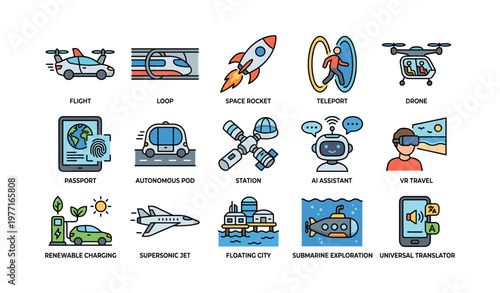 Futuristic technology icons featuring transport and exploration innovations