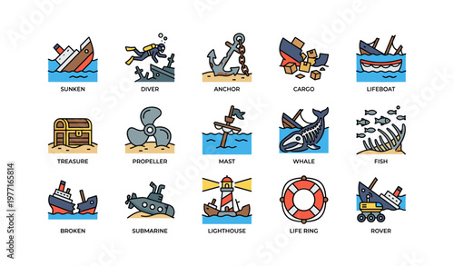 Colorful nautical icon set featuring ships, fish, and marine elements