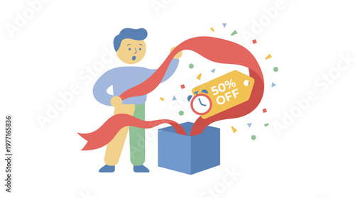 Illustration of a man surprised by a 50 percent off sale discount inside a gift box. EPS Editable. Vector Illustrations.