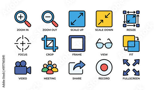 Colorful multimedia icons for zoom scale resize crop and more