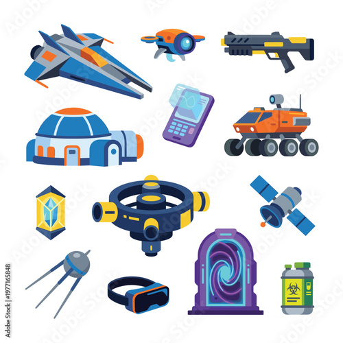 Obraz na płótnie Futuristic Sci Fi Technology Gadgets Weapons Set