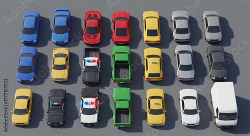 Collection of colorful toy cars arranged on a gray surface.