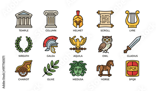 Ancient roman symbols and icons: helmet, column, lyre, chariot, medusa, spqr