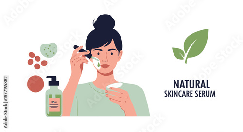 Illustration of a woman applying natural organic skincare serum to her face. EPS Editable. Vector Illustrations.