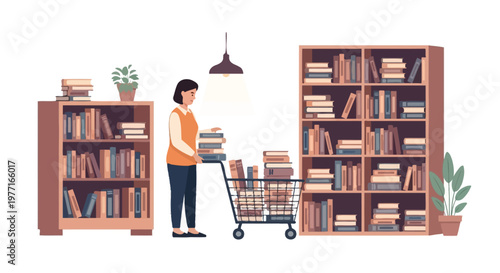 Librarian pushing a shopping cart full of books in a library. EPS Editable. Vector Illustrations.