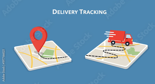 Isometric delivery tracking concept with maps and transport truck. EPS Editable. Vector Illustrations.