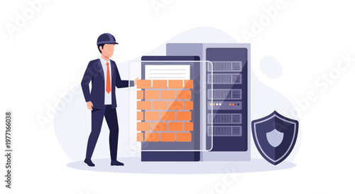 IT professional technician managing and securing server infrastructure. EPS Editable. Vector Illustrations.