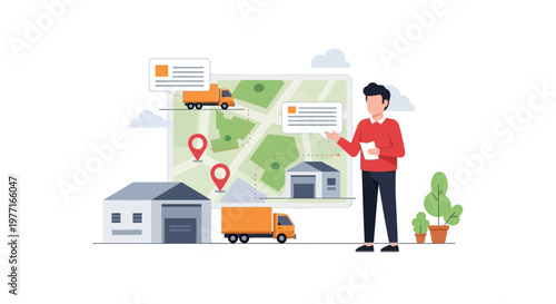 Logistics manager coordinating delivery routes and warehouse operations with digital map interface. EPS Editable. Vector Illustrations.