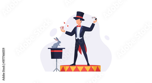 Magician performing a classic rabbit out of a hat trick on stage. EPS Editable. Vector Illustrations.