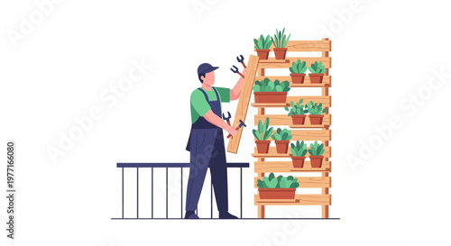 Male gardener arranging small potted plants on a wooden shelf. EPS Editable. Vector Illustrations.