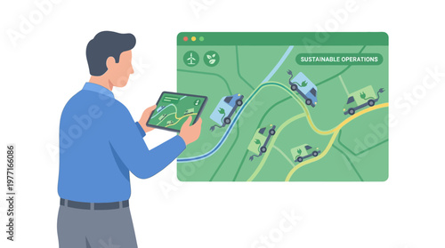 Logistics manager monitoring vehicle fleet routes on digital tablet screen. EPS Editable. Vector Illustrations.