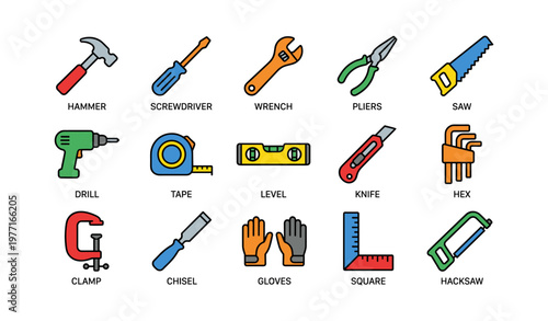 Colorful illustration of common hand tools including hammer, screwdriver, wrench, pliers, and saw