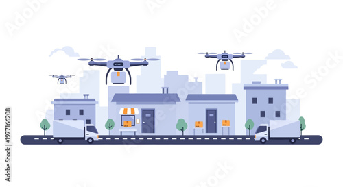 Modern delivery service featuring drones and trucks in a city landscape. EPS Editable. Vector Illustrations.