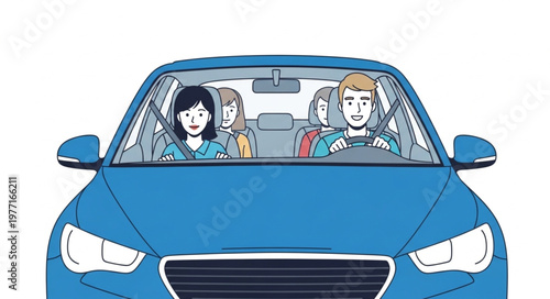 Family driving in a blue car on a white background.
