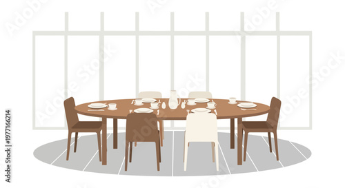 Modern dining table set with chairs in a minimalist style illustration. EPS Editable. Vector Illustrations.