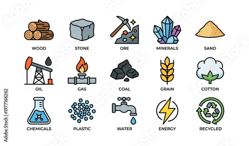 Set of icons representing natural resources and renewable materials