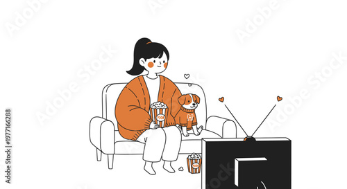 relaxed woman, sitting on couch, watching TV, with dog