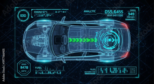Futuristic Electric Car Dashboard Showing Battery Power and Performance Data.