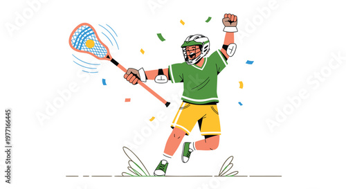 Lacrosse player, celebrating, sports icon, athletic motion, green uniform