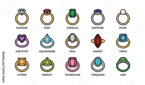 Colorful gemstone rings collection featuring ruby, emerald, sapphire, and more