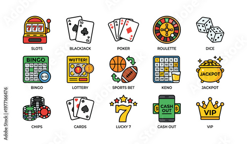 Colorful casino and betting icons collection: slots, poker, roulette, bingo, lottery, sports bet, keno