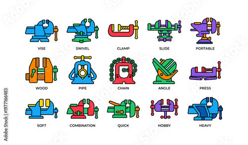 Colorful mechanical tool icons: vise, clamp, swivel, slide, portable designs