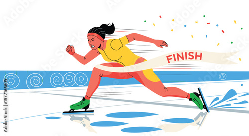 Speed skater crossing finish line, ice skating, athletic woman, sports vector