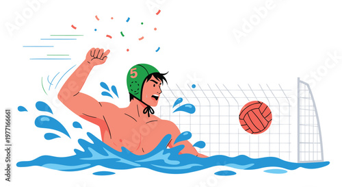 Water polo player scoring goal, aquatic sports illustration, competitive swimming, water game