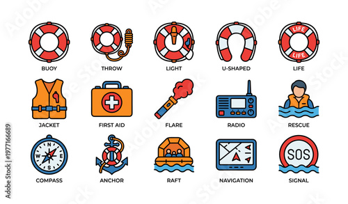 Colorful nautical safety equipment icons featuring buoy, vest, flare, and more