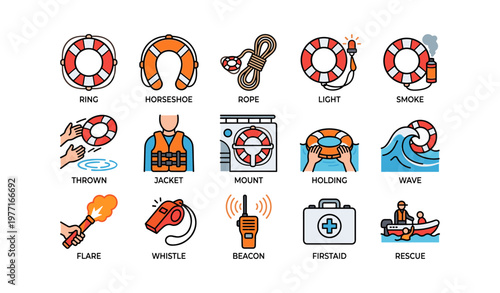 Essential maritime safety equipment: life ring, jacket, rescue gear icons