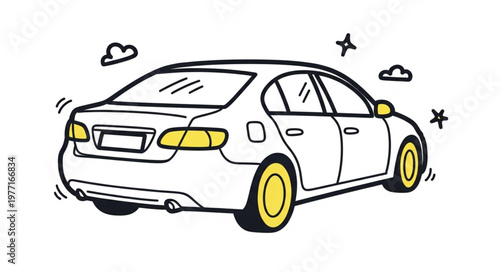 White Sedan Car Illustration with Yellow Accents.
