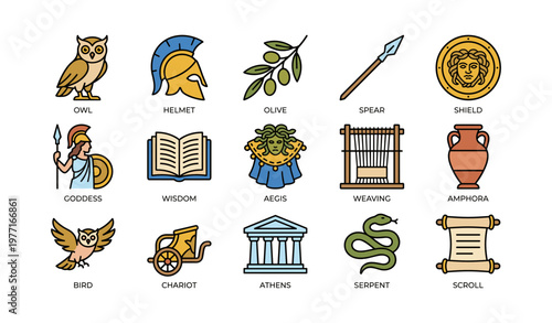 Symbols of ancient greek mythology: owl, helmet, olive, spear, shield, amphora